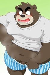 2025 anthro bear black_nose blush bodily_fluids brown_body censored clothed clothing genitals green_background hi_res kemono male mammal micropenis musk navel overweight overweight_male penis raised_clothing raised_shirt raised_topwear shibatanukiti shirt simple_background small_penis solo sweat topwear underwear