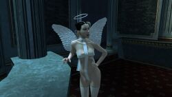3d angel angel_halo angel_wings big_breasts black_hair bondage bondage_gear bondage_outfit breasts cleavage eve_(hitman_blood_money) female female_focus halo hitman hitman_blood_money huge_breasts io-interactive large_breasts official_art screenshot sling_bikini tied_hair video_games white_skin