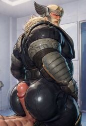 ai_generated annoyed armor ass bara big_ass big_ass_(male) big_butt bubble_butt buttjob buttjob_over_clothes dudebooty17 gay grey_hair male male_only marvel marvel_rivals thor_(marvel_rivals)