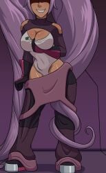 big_breasts breasts cleavage dreamworks dreamworks_animation entrapta female hourglass_figure long_hair lowering_pants netflix nsfani overalls purple_hair she-ra_and_the_princesses_of_power smile smiling undressing