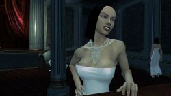3d black_hair breasts breasts cleavage female hitman hitman_blood_money io-interactive jewelry large_breasts screenshot tight_clothing video_games white_dress white_skin