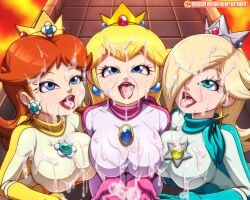 3girls ahe_gao alternate_breast_size background big_breasts blonde_hair breasts brown_hair bukkake clothed cum cum_on_body cum_on_face cumshot female female_only fully_clothed hi_res highres huge_breasts large_breasts long_hair looking_up mario_(series) nintendo open_mouth presenting presenting_mouth princess_daisy princess_daisy_(aero) princess_peach princess_peach_(aero) princess_rosalina princess_rosalina_(aero) reit super_mario_bros.