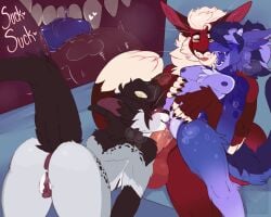 anthro anthro_on_anthro anthro_penetrated anthro_penetrating anthro_penetrating_anthro anus balls bedroom_eyes bent_over big_clitoris blep blue_background blush breasts brown_body brown_fur brown_hair clitoral_sucking clitoris closed_eyes cuntboy cuntboy/cuntboy cuntboy/male cuntboy_penetrated dragon felid feline fur furred_dragon furred_scalie genitals green_eyes grey_body grey_fur group group_sex hair horn internal internal_oral intersex intersex/intersex intersex/male intersex_penetrated looking_pleasured male male_penetrating male_penetrating_anthro male_penetrating_cuntboy male_penetrating_intersex mammal mythological_creature mythological_scalie mythology narrowed_eyes nipples nonbinary_(lore) nude_anthro nude_cuntboy nude_male open_mouth penetration penile penile_penetration penis penis_in_vagina purple_body purple_fur rear_view scalie seductive sex simple_background sinisterheaven sitting_on_another tail_anus thick_thighs threesome tongue tongue_out trio vaginal_penetration vulva