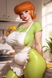 1girls acw adult ai_generated apron chubby clothed clothed_female clothing curvy dexter's_laboratory dexter's_mom earrings female fully_clothed gloves green_eyes huge_breasts indoors kitchen looking_at_viewer mature_female milf orange_hair pants plump red_lipstick short_hair smile solo solo_female t-shirt thick_thighs voluptuous wide_hips