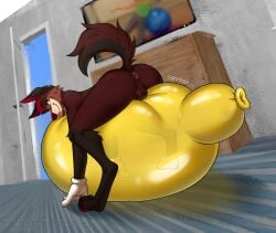 absurd_res anthro ass balloon balls bouncing brown_body canid canine canis clothing coyote detailed_background fur genitals gloves hair handwear hi_res humping inflatable inflating lbyluc looner lying male mammal nude paws riding_balloon sitting_on_balloon solo tail text toony