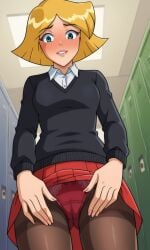 ai_generated ass bigmic145 blonde_hair breasts clover_(totally_spies) female flashing flashing_panties long_sleeves medium_breasts panties panties_under_pantyhose pantyhose pleated_skirt school_uniform schoolgirl shirt skirt skirt_lift solo_female sweater tease teasing totally_spies