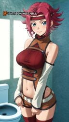 ai_generated annoyed annoyed_expression bare_shoulders belt belt_buckle blue_eyes blush breasts brown_shorts buckle closed_mouth clothing_cutout code_geass cowboy_shot detached_sleeves female hair_intakes headband indoors kallen_stadtfeld kouzuki_kallen large_breasts long_sleeves looking_at_viewer meitabuu midriff navel navel_cutout parted_bangs rain red_hair red_headband red_shirt red_thighhighs short_hair short_shorts shorts sidelocks sleeveless sleeveless_turtleneck smile solo standing thighhighs toilet turtleneck underbust washing_machine wet white_sleeves