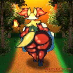 1boy 3_toes anthro ass back_view backboob belly belly_bulge big_ass big_belly breasts bubble_ass bubble_butt countershade_torso countershading delphox digestion dumbwolfperson ear_tuft fat_thighs female female_only fox furry game_freak holding_belly holding_object male motion_lines nintendo park pokemon pokemon_(species) red_fur solo tail thick_thighs vore vore_belly wagging_tail walking white_fur yellow_fur