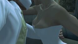 3d breasts breasts cleavage female foreplay hitman hitman_blood_money io-interactive jewelry large_breasts male screenshot short_hair tight_clothing video_games white_dress white_hair white_skin white_suit