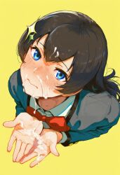 ai_generated black_hair blue_eyes blue_jacket blush bow bowtie closed_mouth collared_shirt cropped_torso cum cum_on_hair cum_on_hands cupping_hands facial female fluffyhairenjoyer from_above grey_jacket hair_between_eyes hair_ornament hands_up jacket kagura_hikari long_hair long_sleeves looking_at_viewer looking_up nose_blush novelai own_hands_together red_bow red_bowtie school_uniform shirt shoujo_kageki_revue_starlight simple_background solo sparkle_hair_ornament sweat upper_body wavy_mouth white_shirt yellow_background
