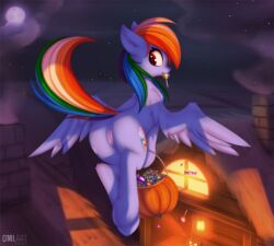 candy feathered_wings female feral full_moon halloween hasbro jack-o'-lantern moon multicolored_hair my_little_pony night night_sky no_humans omiart pegasus pumpkin rainbow_dash_(mlp) red_eyes sky solo star_(sky) starry_sky tombstone tower window wings