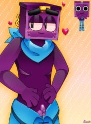 1boy 1cuntboy bandana big_eyebrows blush boxten_(dandy's_world) cuntboy cuntboy_only dandy's_world intersex looking_at_viewer male mastectomy_scar purple_body pussy pussy_juice tdick top_surgery_scars trans_man wearing_pants