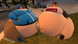 2girls 3d 3d_(artwork) 3d_render 3dcg ass belly belly_button belly_grab belly_inflation big_ass big_belly big_breasts blue_blouse blue_hair blue_shoes breasts brown_shoes brown_shorts expanded_belly expansion expansion_fetish exposed_belly fat_arms fat_ass fat_butt fat_female fat_fetish fat_legs female female_focus female_only fetish hat headphones huge_ass huge_belly huge_breasts human_meggy hyper hyper_ass hyper_belly hyper_breasts hyper_inflation in_public inflated_belly inflation inflation_fetish meggy_spletzer metal_arm p-balloon red_hair smg4 smg4_(character) tari_(smg4) thick thick_ass thick_breasts thick_legs thick_thighs white_shirt