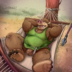 2025 anthro armpit_hair balls biped body_hair brown_body brown_fur closed_eyes dragon_quest ear_piercing ear_ring feet flaccid fur galrock genitals hammock hi_res male mammal musclegut muscular nipples orc_(dragon_quest) penis piercing ring_piercing sleeping slightly_chubby solo square_enix suid suine sus_(pig) weapon wild_boar