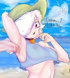 arm_up armpit_fetish armpits arms_up boobs_visible_through_thighs brawl_stars breasts choker colette_(brawl_stars) dick female female female_focus female_only hat penis ponytail supercell sweat thbahabu_pajn357 tongue top topless topwear white_body white_hair white_skin