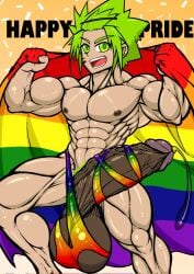 big_balls big_penis darker_balls darker_penis english_text flag flag_(object) gay green_eyes green_hair green_hair_male holding_flag holding_object lgbt_pride lgbt_pride_colors lgbt_pride_month lgbtq+ looking_at_viewer low_hanging_balls massive_balls massive_penis muscular muscular_male oc original_character precum precum_drip precum_string pride_color_flag pride_colors pride_flag pride_month purple_glans rainbow_pride_colors rainbow_print ribbon ribboned_body smile smiling smiling_at_viewer veiny veiny_penis zeignal
