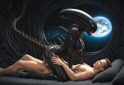 ai_generated alien alien_(franchise) alien_girl beautiful big_breasts black_body breasts breeding cowgirl_position drooling female female_focus female_on_top female_only femomorph fit fit_female fucking impregnated in_heat intercourse laying_down laying_on_bed looking_at_viewer posing posing_for_the_viewer realistic seductive seductive_look seductive_smile sex sexy sexy_body sexy_pose spaceship_interior tail tits_out vaginal_insertion vaginal_penetration vaginal_sex voluptuous wide_hips xenomorph