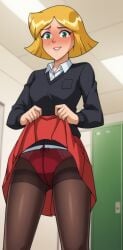 ai_generated ass bigmic145 blonde_hair breasts clover_(totally_spies) female flashing flashing_panties long_sleeves medium_breasts panties panties_under_pantyhose pantyhose pleated_skirt school_uniform schoolgirl shirt skirt skirt_lift solo_female sweater tease teasing totally_spies