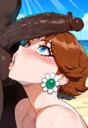 1boy 1girls ai_generated ass big_breasts bikini blue_eyes breasts brown_hair dark-skinned_male female female_focus hips huge_ass huge_breasts huge_cock juuicyai large_breasts light-skinned_female male mario_(series) princess princess_daisy thick_thighs thighs wide_hips