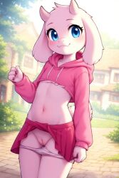 ai_generated anthro blue_eyes blush crop_top exposed_pussy female flat_chest goat hoodie horns panties_down pussy skirt_lift smile toriel undertale white_body young