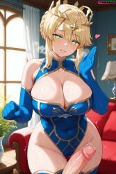 1boy 1girls absurd_res absurd_resolution absurdres ahoge ai_generated artoria_pendragon artoria_pendragon_(lancer) bangs big_breasts big_penis blonde_hair blush breasts cleavage cleavage_cutout cleavage_overflow curvaceous curvaceous_figure curvy curvy_female curvy_figure detached_sleeves elbow_gloves fate/grand_order fate_(series) french_braid glowing_eyes green_eyes heart hi_res high_quality high_resolution highres hourglass_figure huge_breasts leotard pussy_juice saliva self_upload sidelocks sweat sweatdrop sweating thick_thighs thighhighs uncensored velutinx visible_breath voluptuous voluptuous_female watermark wide_hips