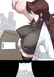 1girls absurdres black_shirt black_skirt blue_eyes breasts brown_hair clitoral_hood clitoral_stimulation clitoris clothes_pull coat conductor_baton covered_nipples cowboy_shot curtained_hair dawalixi female from_above from_side furrowed_brow glasses hand_on_own_hip highres lab_coat large_breasts lectern lipstick long_hair looking_down makeup no_panties open_clothes open_coat open_mouth original paper profile pussy pussy_juice pussy_juice_trail red_lips shirt sidelocks skirt skirt_pull solo_focus standing turtleneck uncensored view_between_legs white_coat zenra