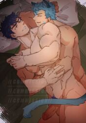 2boys absurdres animal_ears artist_name bara bed_sheet blue_hair blue_tail blush cat_ears cat_tail commission copyright_name dated dim_lighting erection facial_hair fire_emblem fire_emblem:_path_of_radiance fire_emblem:_radiant_dawn highres holding_another's_arm hug hug_from_behind ike_(fire_emblem) kemonomimi_mode looking_at_another male_focus male_pubic_hair multiple_boys muscular muscular_male nipples nude on_bed one_eye_closed penis pillow pubic_hair ranulf_(fire_emblem) satodee smile spooning tail upper_body yaoi