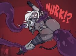 all_the_way_through big_ass big_breasts big_butt chokehold dark_skin glowing_eyes grey_skin held_up helltaker holding_leg judgement_(helltaker) slime slime_monster splits stomach_bulge tentacle tentacle_sex thigh_boots thigh_highs thighhighs throat_bulge white_eyes white_hair
