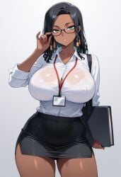 adjusting_glasses ai_generated big_breasts black-framed_glasses black_hair braided_hair dark-skinned_female green_eyes holding_object name name_tag oc offic_lady red_nails short_skirt thick thick_thighs transparent_clothing
