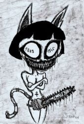 absurd_res animal_crossing ankh ankha_(animal_crossing) anthro bilemirth blood bodily_fluids chainsaw crossed_arms felid feline female hi_res horror_(theme) improvised_sex_toy looking_at_viewer mammal nazi nazi_imagery nintendo no_pupils nude_anthro number power_tool smile smiling_at_viewer solo strapon tools traditional_media_(artwork) unhappy893