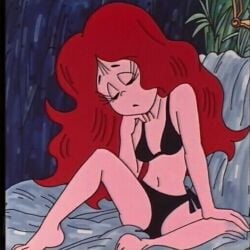 1girls ai_generated bikini black_bikini black_underwear fairy_tales female literature little_red little_red_riding_hood public_domain red_hair sleeping the_magical_mystery_trip_through_little_red's_head time_for_timer underwear
