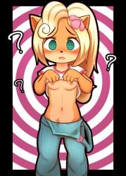 activision anthro bandicoot breasts clothed clothing clothing_lift coco_bandicoot crash_(series) cub female hi_res hypnosis koufun looking_at_viewer marsupial medium_breasts mind_control navel nipples no_bra overalls presenting presenting_breasts shirt shirt_lift solo topwear