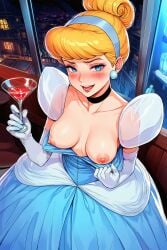 1girls ai_generated areolae bar bar_(place) breasts cinderella_(1950_film) cinderella_(disney) clothes_pull disney disney_princess downblouse dress earrings exposed_breasts female female_only flashing flashing_breasts gloves indoors long_gloves looking_at_viewer martini martini_glass nai_diffusion naughty_face nipples novelai opera_gloves solo solo_female stable_diffusion white_gloves