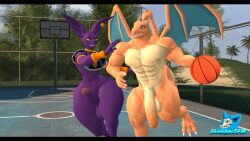 abs absurd_res anthro anthrofied ball balls basketball_(ball) beerus biceps big_balls big_butt big_penis blue_eyes bracelet butt charizard dragon dragon_ball dragon_ball_super duo ear_piercing ear_ring erection felid feline generation_1_pokemon genitals glans hi_res huge_penis jewelry male male/male mammal membrane_(anatomy) membranous_wings mythological_creature mythological_scalie mythology navel nintendo nipples nude nude_male orange_body outside pecs penis piercing pokemon pokemon_(species) purple_body ring_piercing scalie skelefoxdesign sport tail thick_thighs wide_hips wings yellow_sclera