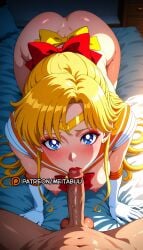 1boy 1girls ai_generated all_fours ass balls bishoujo_senshi_sailor_moon blonde_hair blue_eyes blush bow breasts clothed_female_nude_male dark-skinned_male dark_skin earrings elbow_gloves erection fellatio female foreskin gloves hairbow indoors jewelry kissing_penis licking licking_penis long_hair looking_at_viewer magical_girl makeup male medium_breasts meitabuu minako_aino nipples nude on_bed oral orange_sailor_collar penis pov red_bow sailor_collar sailor_senshi_uniform sailor_venus solo_focus straight testicles tiara uncensored uncircumcised veins veiny_penis white_gloves