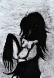 absurd_res anthro avian bilemirth bird corvid corvus_(genus) crow female genitals hi_res monochrome oscine passerine raven solo spread_legs spreading traditional_media_(artwork) unhappy893 vulva
