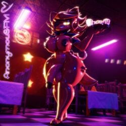 3d_(artwork) absurd_res animatronic anonymousfm anthro areola balls big_balls big_breasts big_penis breasts canid canine checkered checkered_floor chest_tuft digital_media_(artwork) eye_patch eyewear fexa_(cryptiacurves) five_nights_at_freddy's flaccid fox foxy_(fnaf) fredina's_nightclub futanari genitals glowing glowing_eyes gold_(metal) gold_tooth hi_res huge_balls huge_breasts huge_cock humanoid_genitalia humanoid_penis inside intersex looking_down low-angle_view machine mammal nipple_piercing nipples one_eye_obstructed penis piercing pupils robot scottgames slit_pupils smile solo standing tail thick_thighs tuft wide_hips yellow_eyes