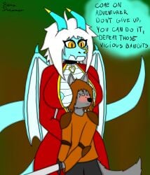 1boy 1girls 2d 2d_(artwork) 2d_artwork absurd_res anthro big_breasts black_bottomwear black_clothing black_pants blue_body blue_horn blue_nipples blush blush_lines bottomwear breasts brown_clothing brown_hair brown_shirt brown_topwear canid canine canis choker clothing dialogue dragon duo encouragement english_text facial_piercing female fluffy fluffy_hair fur grey_body grey_fur hair head_between_breasts heart_choker hi_res holding_melee_weapon holding_object holding_sword holding_weapon horn jewelry long_tail lyecia_(reena_dreamer) male male/female mammal melee_weapon mythological_creature mythological_scalie mythology necklace nipples nose_piercing nose_ring orange_eyes pants piercing red_clothing reena_dreamer ring_piercing scalie shirt short_hair shoulder_guards simple_background size_difference slightly_chubby slightly_chubby_female smile spikes spikes_(anatomy) sword tagme tail talking_to_another tall_girl text thick_thighs topwear watermark weapon white_hair wing_spikes wings wolf