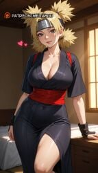 ai_generated artist_name black_kimono blonde_hair blush boruto:_naruto_next_generations breasts cleavage collarbone covered_navel female forehead_protector green_eyes headband heart indoors japanese_clothes kimono large_breasts lips looking_at_viewer meitabuu naruto naruto_(series) naruto_shippuden obi parted_bangs parted_lips patreon_username quad_tails red_sash sash short_sleeves smile solo standing sunlight temari thighs window
