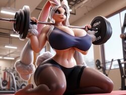 3d ai_generated big_ass big_breasts brown_fur cute cute_face furry furry_female game_freak generation_4_pokemon gym leggings lopunny pink_eyes pokemon pokemon_(species) ravenomega sexy_body sexy_female sweating_body tank_top thick_thighs weightlifting