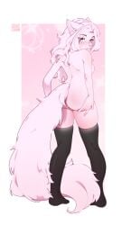 absurd_res anthro artist_name ass blue_eyes blush clothed clothing eyelashes fangs female female_anthro full-length_portrait hair hi_res long_hair long_tail mouth_closed narrowed_eyes pink_body pink_tail portrait pouty pouty_lip qr_code rear_view simple_background solo sonyan standing tail teeth text topless white_body white_hair
