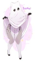 absurd_res black_hair black_markings black_pawpads black_sclera claws female front_view fur genitals ghost_costume grey_body grey_fur hair hi_res humanoid_genitalia humanoid_vulva leg_tuft markings multicolored_hair pawpads pink_claws simple_background solo sonyan standing tuft two_tone_hair vulva white_body white_eyes white_fur white_hair yellow_claws