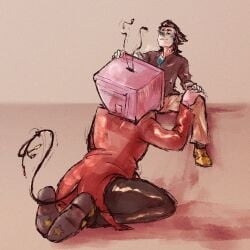 big_bottom_small_top big_sub_small_dom big_sub_small_top blush blushing cord_tail cunnilingus cuntboy cuntboy/male cuntboy_on_male deltarune deltarune_chapter_2 deltarune_chapter_3 eating_out eating_pussy fully_clothed hand_on_head hand_on_knee looking_at_another looking_down male no_visible_genitalia pussy small_dom_big_sub small_top_big_bottom spamton_g_spamton tail tail_wagging tailwag tenna_(deltarune) trans_male trans_man transmasc