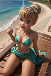 ai_generated aqua_bikini artist_name beach bikini blonde_hair blue_bikini blue_eyes blurry breasts bukkake clothes_pull collarbone cum cum_in_mouth cum_on_body cum_on_breasts cum_on_eyewear cum_on_hair cum_on_tongue day disney eugenericai eyewear_on_head facial fairy fairy_wings female green_bikini hair_bun kneeling lips looking_at_viewer medium_breasts navel nose ocean open_mouth outdoors peter_pan_(disney) sarong short_hair single_hair_bun sitting solo sunglasses swimsuit tinker_bell tongue tongue_out transparent_wings water white-framed_eyewear wings