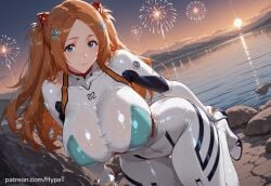 ai_generated alternate_version_at_source big_breasts bleach bleach:_the_thousand-year_blood_war cosplay crossover hypet inoue_orihime long_hair neon_genesis_evangelion orange_hair shiny shiny_skin shoreline tagme thick thick_ass thick_thighs thighs tight_clothing wet wide_hips