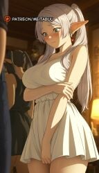 1boy 2girls arm_under_breasts bare_shoulders black_dress black_hair blurry blurry_background blush breast_hold breasts closed_mouth collarbone covering_crotch cowboy_shot dangle_earrings dress dress_tug drop_earrings earrings elf embarrassed frieren frieren_beyond_journey's_end green_eyes grey_hair holding_own_arm indoors jewelry lamp large_breasts long_hair looking_down meitabuu multiple_girls parted_bangs pointy_ears short_dress sleeveless sleeveless_dress solo_focus sousou_no_frieren thighs twintails white_dress white_hair