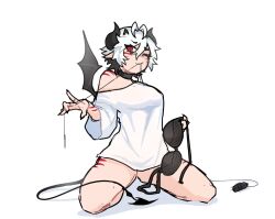 black_hair blaire_rune blairevt body_markings bra choker collar demon horns indie_virtual_youtuber loose_clothes nonbinary off_shoulder oversized_clothes red_eyes red_stripes sewing sewing_needle striped_body thighs thread underwear virtual_youtuber vtuber wardrobe_malfunction white_hair white_shirt