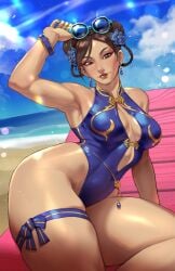 1girls asian asian_female beach brown_eyes brown_hair capcom chun-li cleavage cleavage_cutout curvy earrings flowers_in_hair hair_buns light-skinned_female light_skin one-piece_swimsuit rim_jims street_fighter sunglasses swimsuit thick_thighs thigh_strap thighs