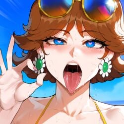 1girls ai_generated ass big_breasts bikini blue_eyes breasts brown_hair fellatio_gesture female female_focus heart-shaped_pupils hips huge_ass huge_breasts juuicyai large_breasts light-skinned_female mario_(series) open_mouth princess princess_daisy sunglasses thick_thighs thighs tongue tongue_out wide_hips