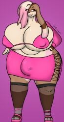 2024 absurd_res anthro belly big_breasts bottomwear breasts bulge clothed clothing digital_media_(artwork) eyebrows eyelashes facial_piercing gynomorph hair hi_res huge_breasts intersex isaiahtse lagomorph leporid lip_piercing mammal navel nipple_outline nose_piercing piercing pink_clothing rabbit smile solo topwear